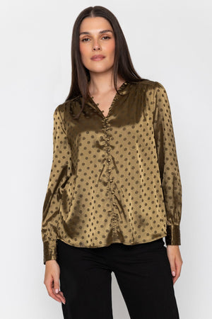 Carraig Donn Olive Satin Polka Dot Jacquard Button Long Sleeve Blouse