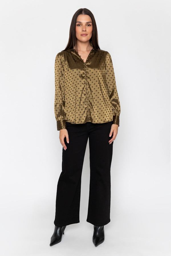 Carraig Donn Olive Satin Polka Dot Jacquard Button Long Sleeve Blouse