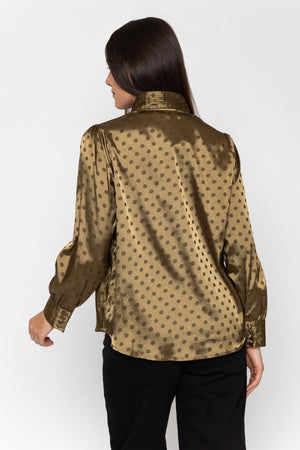 Carraig Donn Olive Satin Polka Dot Jacquard Button Long Sleeve Blouse