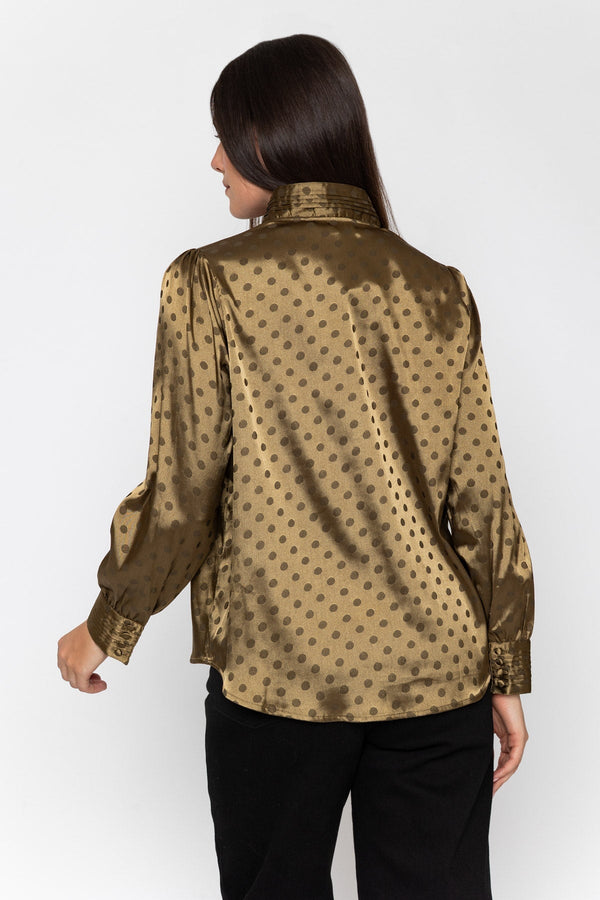 Carraig Donn Olive Satin Polka Dot Jacquard Button Long Sleeve Blouse