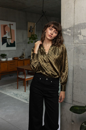 Carraig Donn Olive Satin Polka Dot Jacquard Button Long Sleeve Blouse