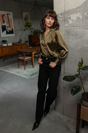 Carraig Donn Olive Satin Polka Dot Jacquard Button Long Sleeve Blouse
