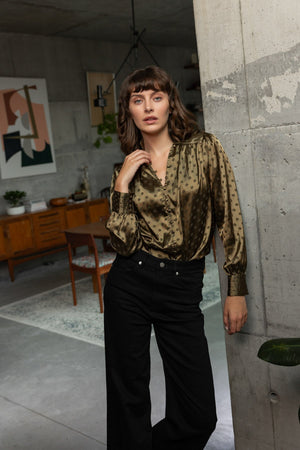 Carraig Donn Olive Satin Polka Dot Jacquard Button Long Sleeve Blouse
