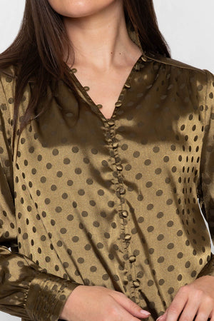 Carraig Donn Olive Satin Polka Dot Jacquard Button Long Sleeve Blouse