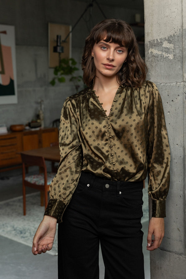 Carraig Donn Olive Satin Polka Dot Jacquard Button Long Sleeve Blouse