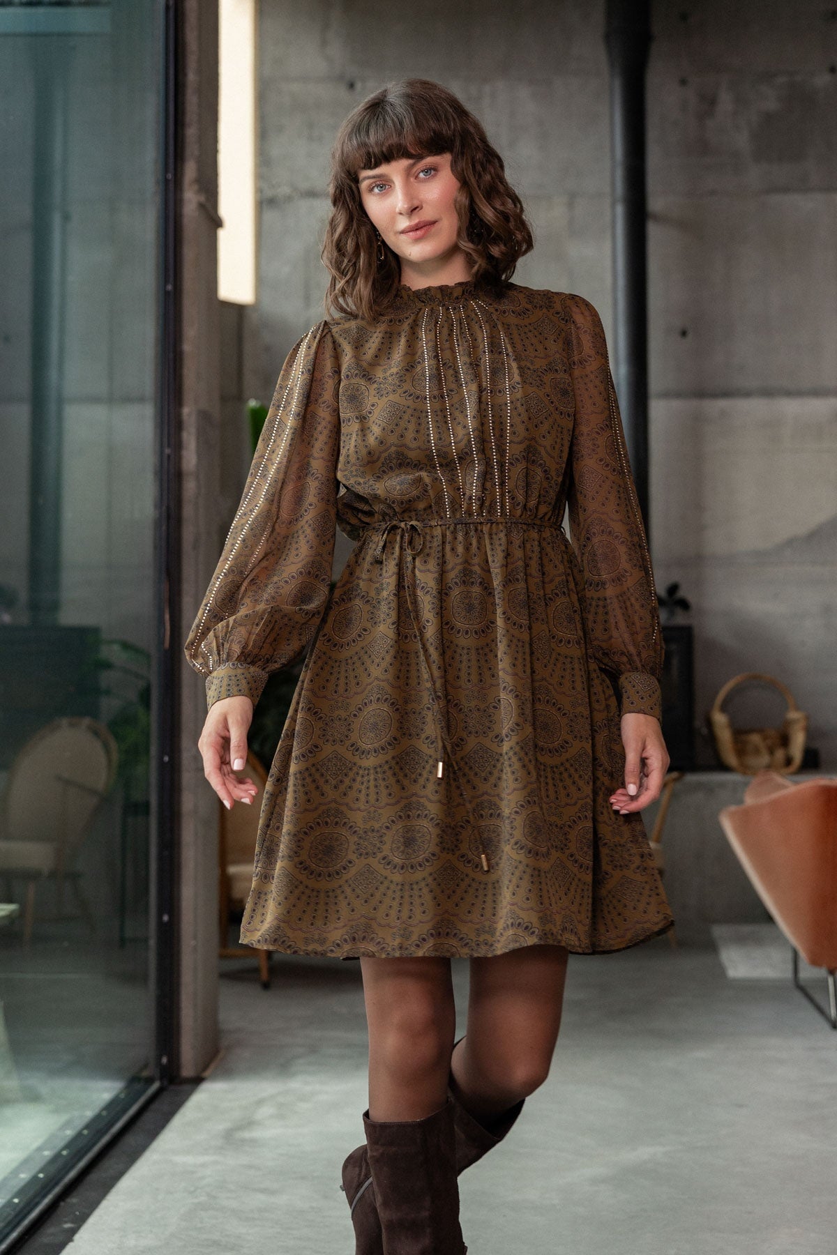 Olive Skater Printed Studs Detail Long Sleeve Knee Length Dress