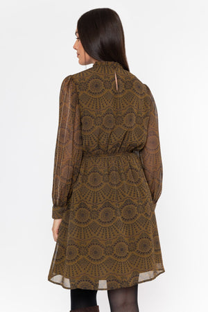 Carraig Donn Olive Skater Printed Studs Detail Long Sleeve Knee Length Dress