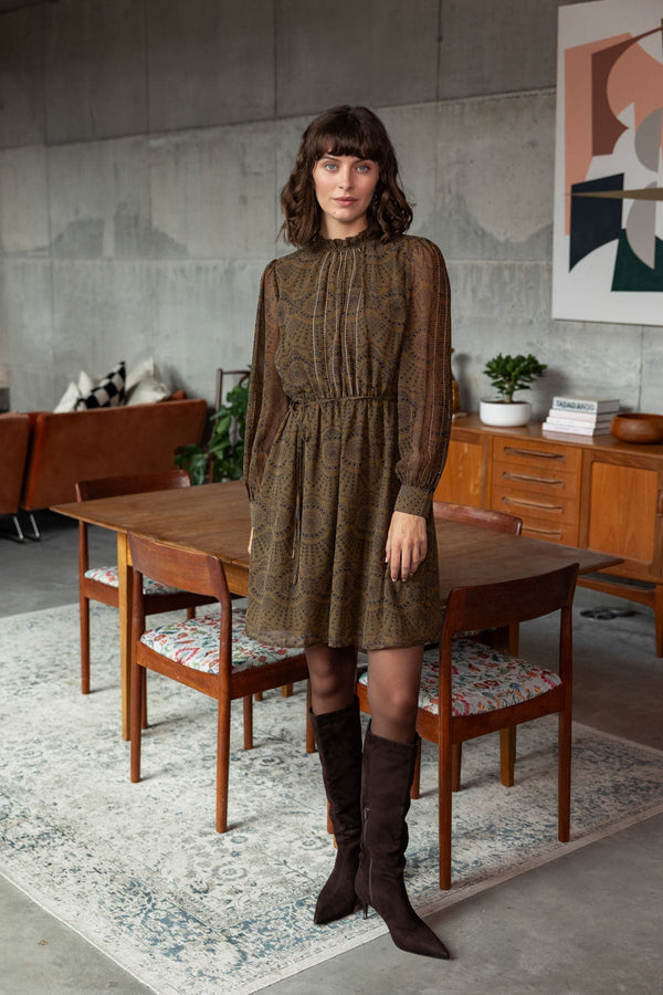 Carraig Donn Olive Skater Printed Studs Detail Long Sleeve Knee Length Dress