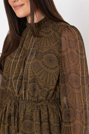 Carraig Donn Olive Skater Printed Studs Detail Long Sleeve Knee Length Dress