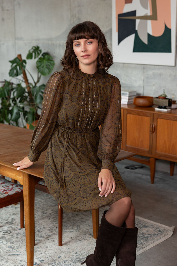 Carraig Donn Olive Skater Printed Studs Detail Long Sleeve Knee Length Dress