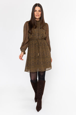 Carraig Donn Olive Skater Printed Studs Detail Long Sleeve Knee Length Dress