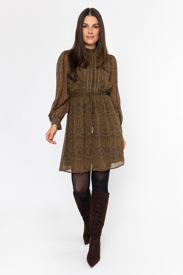 Carraig Donn Olive Skater Printed Studs Detail Long Sleeve Knee Length Dress