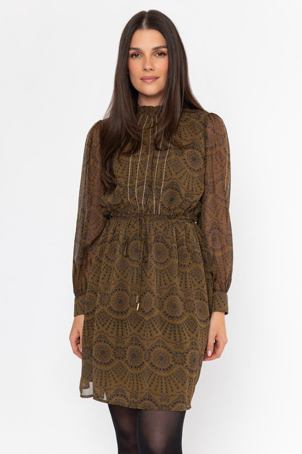 Carraig Donn Olive Skater Printed Studs Detail Long Sleeve Knee Length Dress