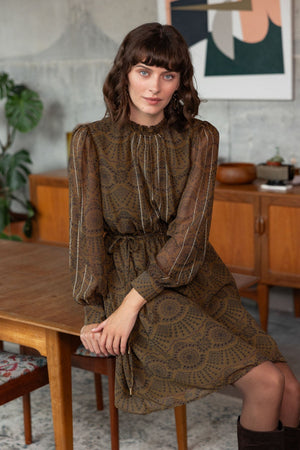 Carraig Donn Olive Skater Printed Studs Detail Long Sleeve Knee Length Dress