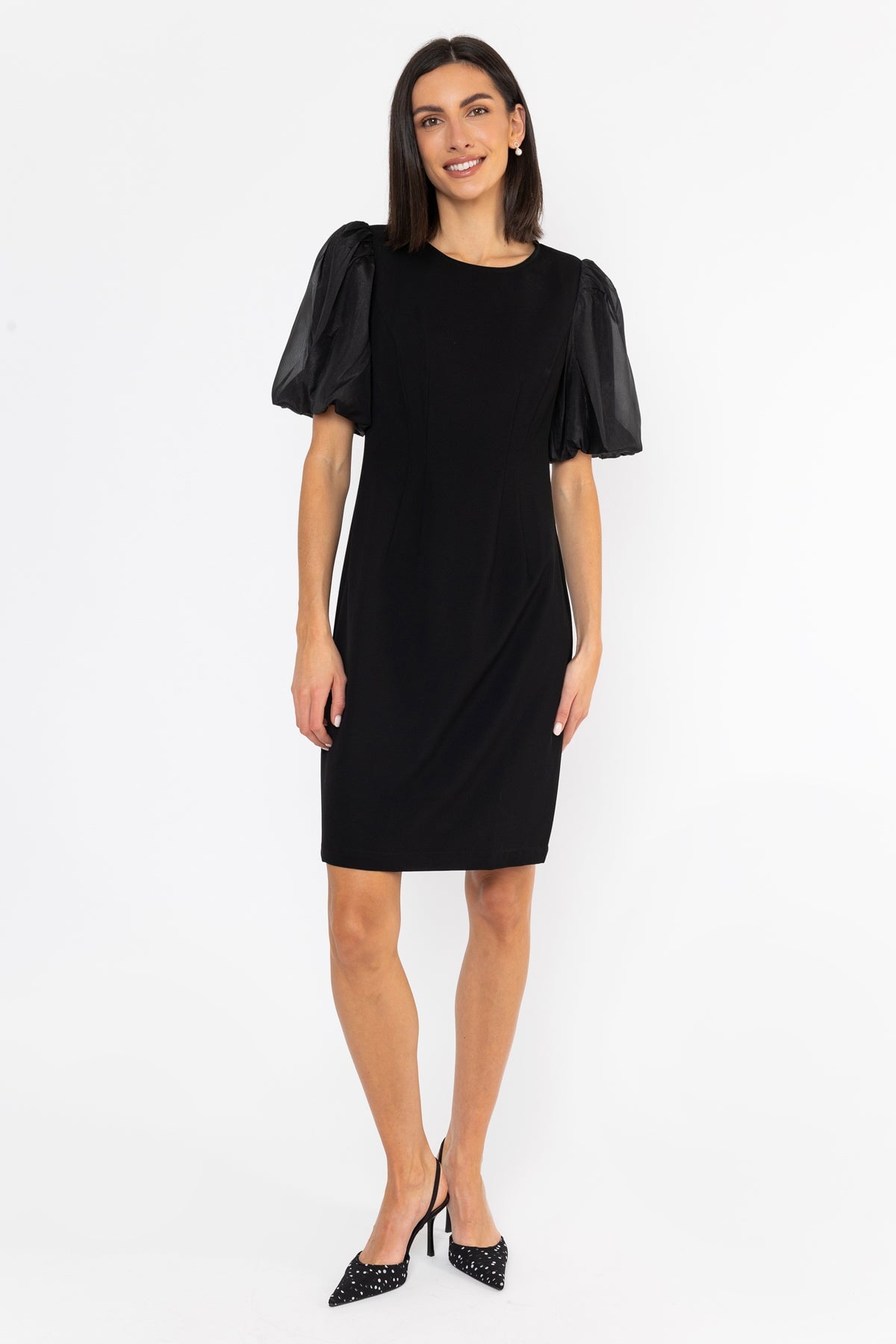 Black Organza Puff Sleeve Knee Length Shift Dress