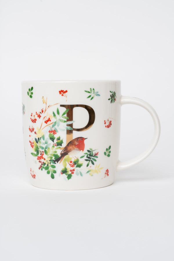 Carraig Donn P Christmas Robin Leaf New Bone China Alphabet Mug