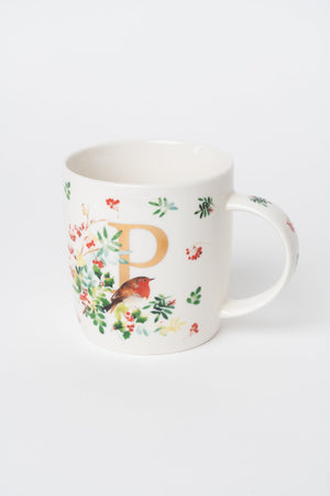 Carraig Donn P Christmas Robin Leaf New Bone China Alphabet Mug