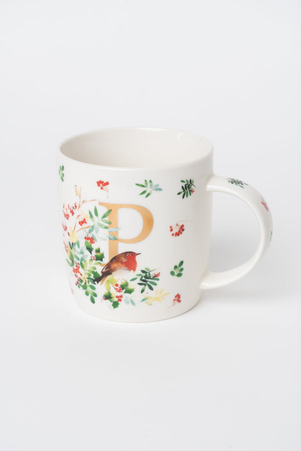 Carraig Donn P Christmas Robin Leaf New Bone China Alphabet Mug