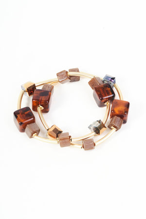 Carraig Donn Pack of 2 Brown Cube Bead And Stone Beaded Bracelets