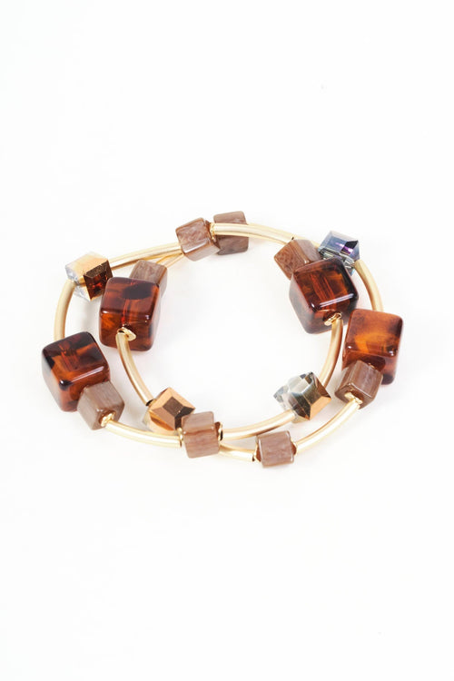Pack of 2 Brown Cube Bead And Stone Beaded Bracelets