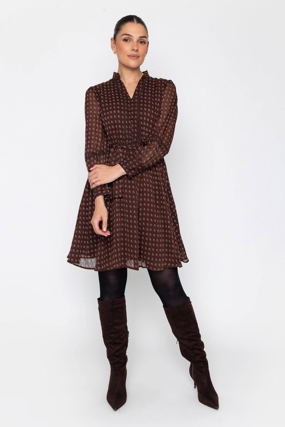 Brown Skater Paisley Print Long Sleeve Mini Dress