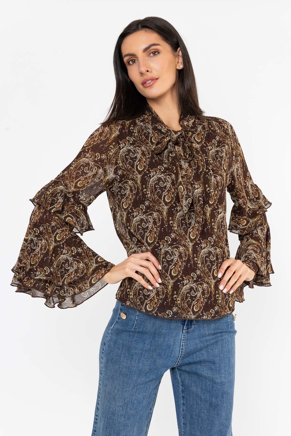 Brown Paisley Print Ruffle Sleeve Blouse