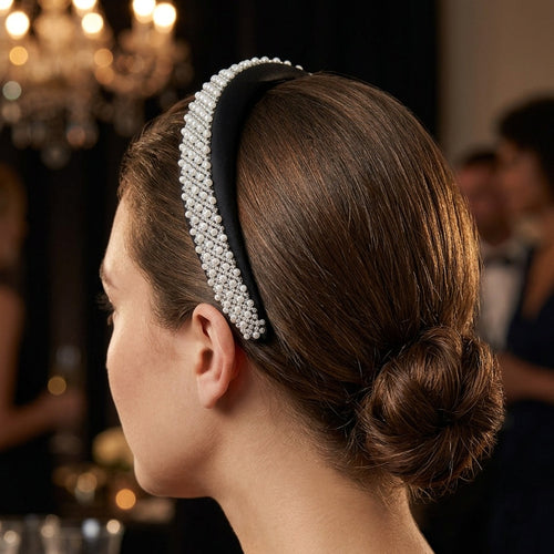 A woman shown in side profile wearing a black headband embellished with a row of sparkling clear rhinestones, styled in a low bun.