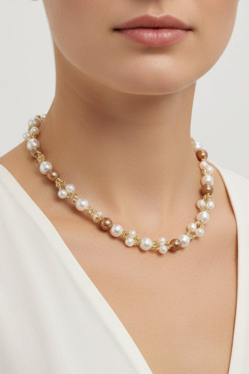 Pearl & Clear Gemstone Ring Detail Beaded Necklace