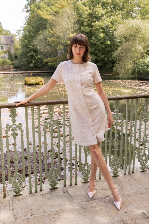 Pink Bouclé Dress with Gold Button Detail