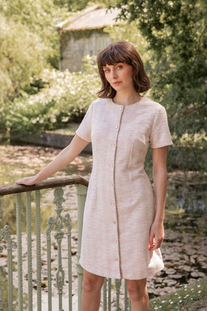 Carraig Donn Pink Bouclé Dress with Gold Button Detail