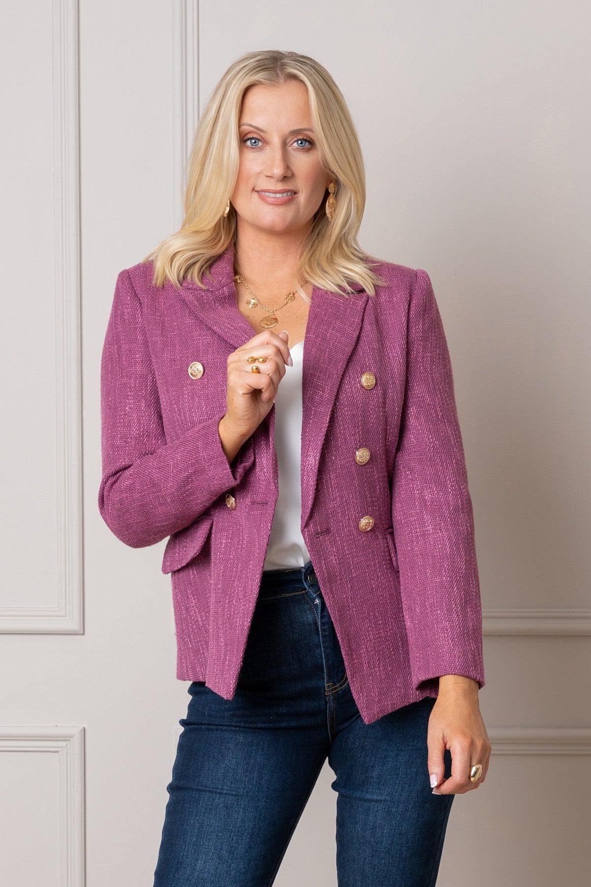 Pink Bouclé Gold Button Detail Long Sleeve Blazer