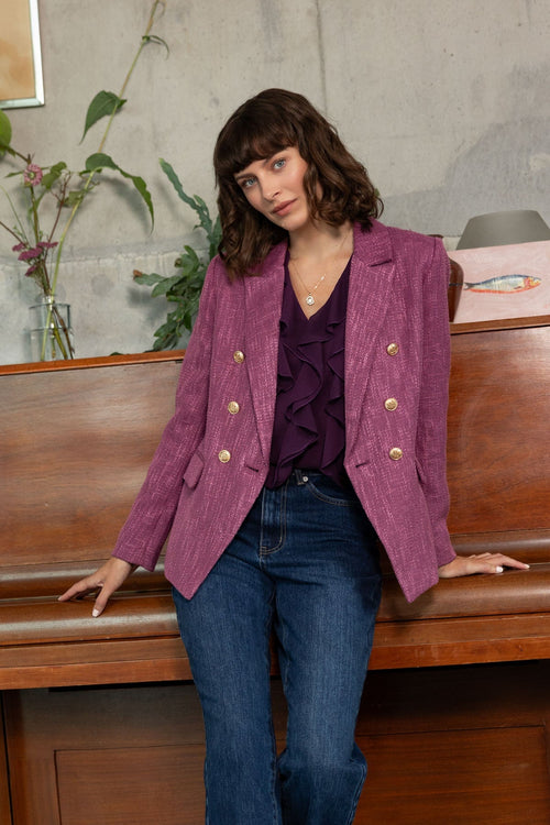Pink Bouclé Gold Button Detail Long Sleeve Blazer