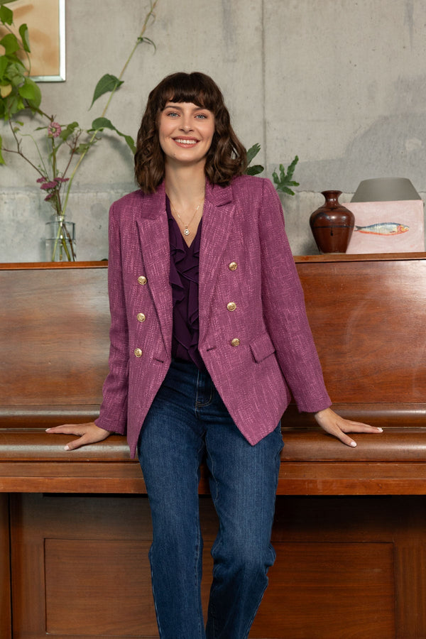 Carraig Donn Pink Bouclé Gold Button Detail Long Sleeve Blazer