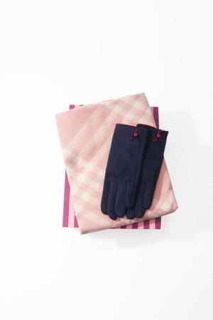 Carraig Donn Pink Check Scarf & Navy Button Glove Gift Set