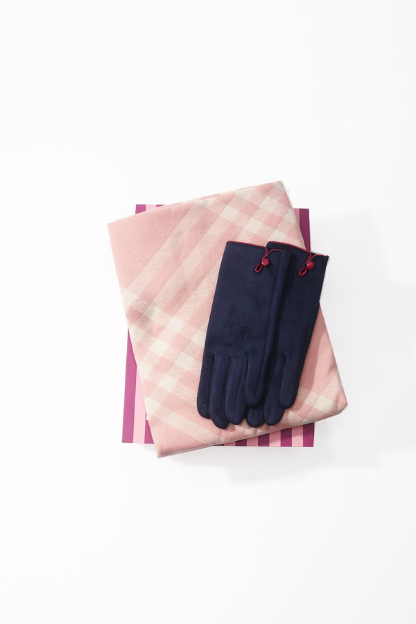 Carraig Donn Pink Check Scarf & Navy Button Glove Gift Set