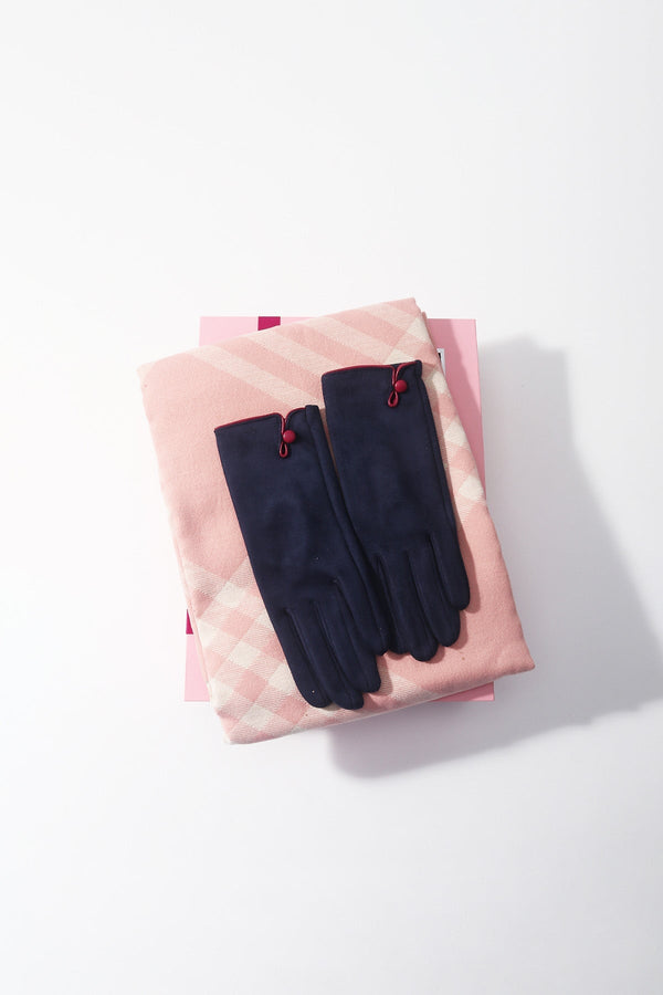 Carraig Donn Pink Check Scarf & Navy Button Glove Gift Set