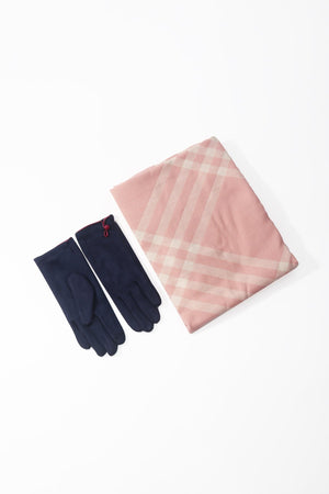 Carraig Donn Pink Check Scarf & Navy Button Glove Gift Set
