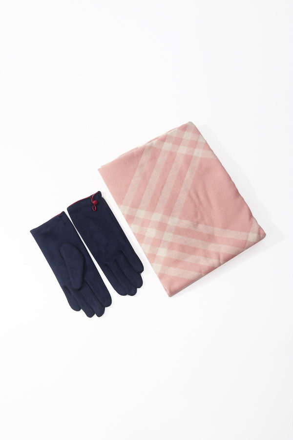 Carraig Donn Pink Check Scarf & Navy Button Glove Gift Set