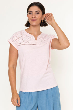 Carraig Donn Pink Cotton Laser Cut V-Neck Short Sleeve Top