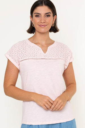 Carraig Donn Pink Cotton Laser Cut V-Neck Short Sleeve Top