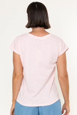 Carraig Donn Pink Cotton Laser Cut V-Neck Short Sleeve Top