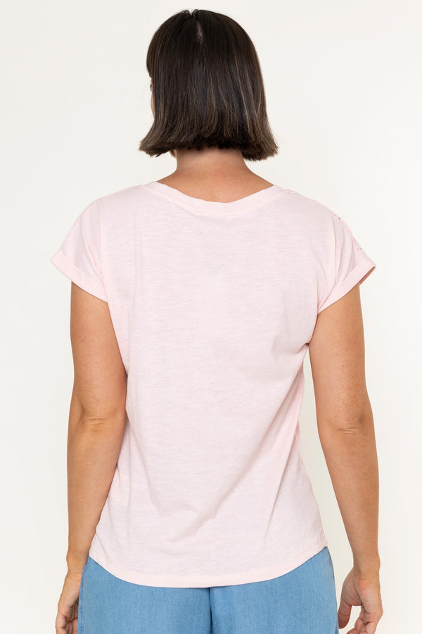 Carraig Donn Pink Cotton Laser Cut V-Neck Short Sleeve Top