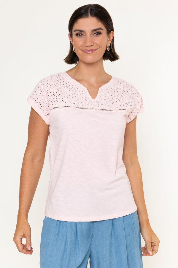 Carraig Donn Pink Cotton Laser Cut V-Neck Short Sleeve Top