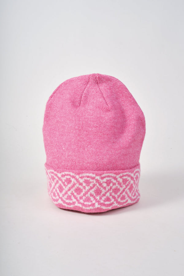 Carraig Donn Pink & Cream Knit Celtic Knot Design Hat