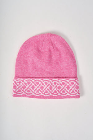 Carraig Donn Pink & Cream Knit Celtic Knot Design Hat