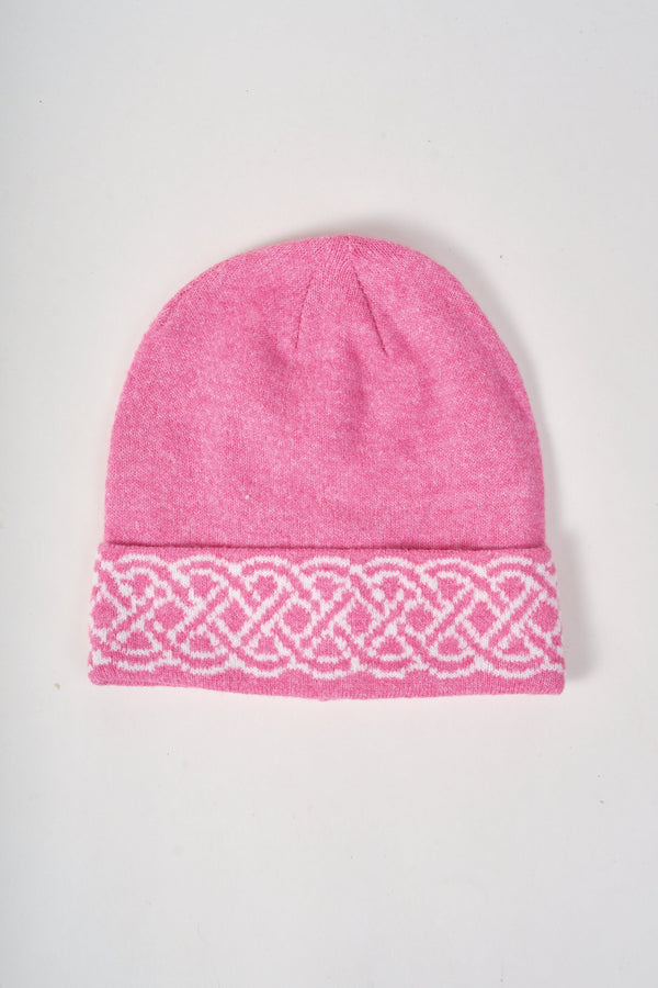 Carraig Donn Pink & Cream Knit Celtic Knot Design Hat