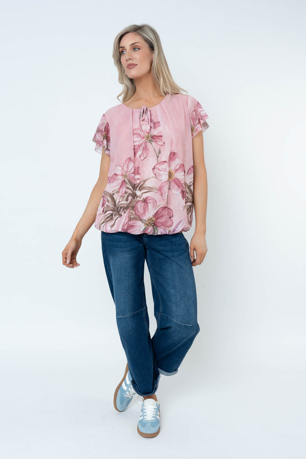 Carraig Donn Pink Floral Print Short Sleeve Blouse With Tie Neck