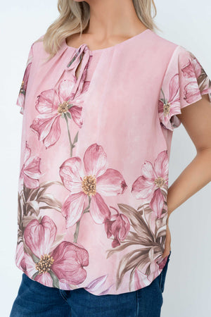 Carraig Donn Pink Floral Print Short Sleeve Blouse With Tie Neck