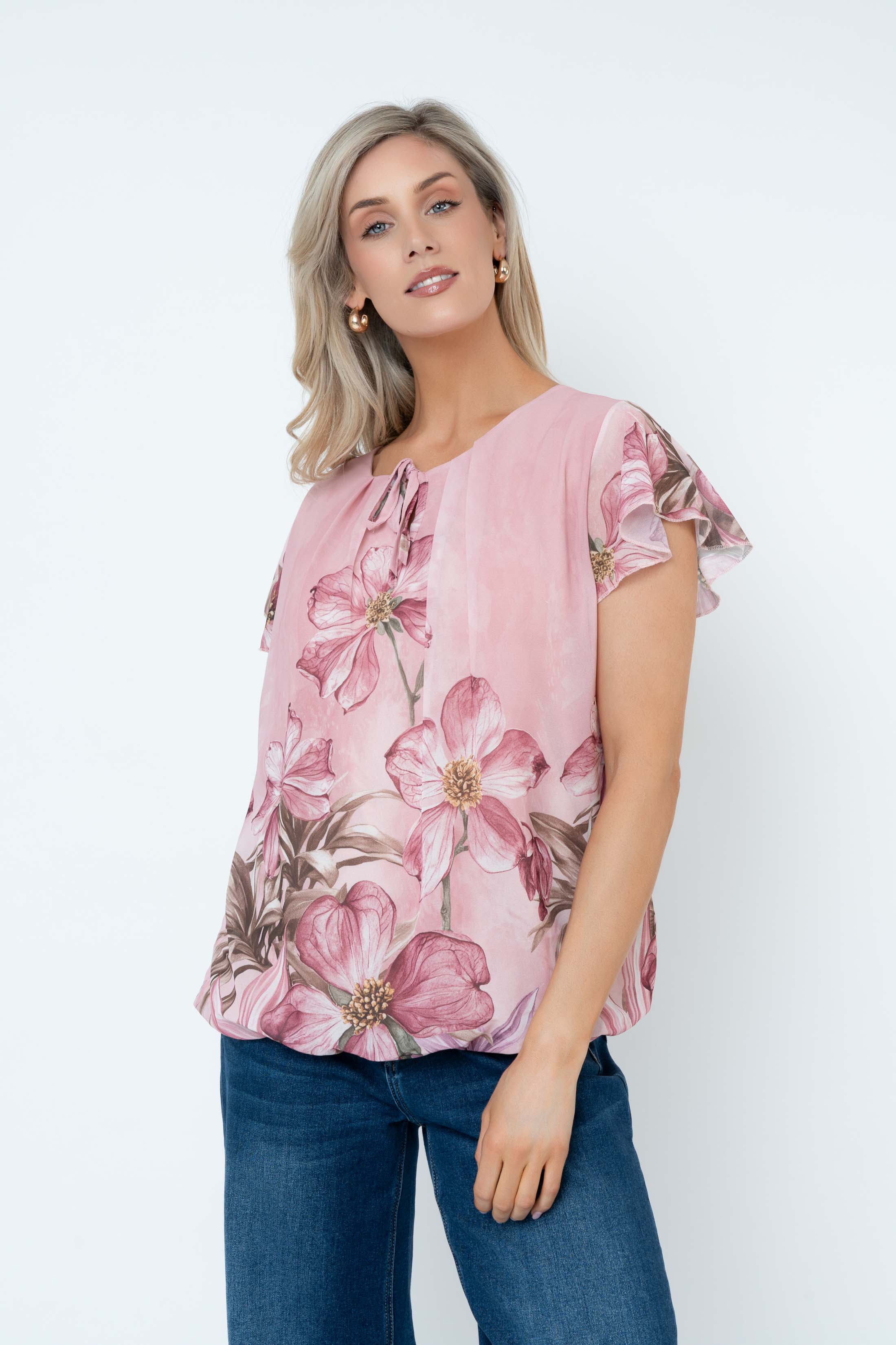 Pink Floral Print Short Sleeve Blouse With Tie Neck