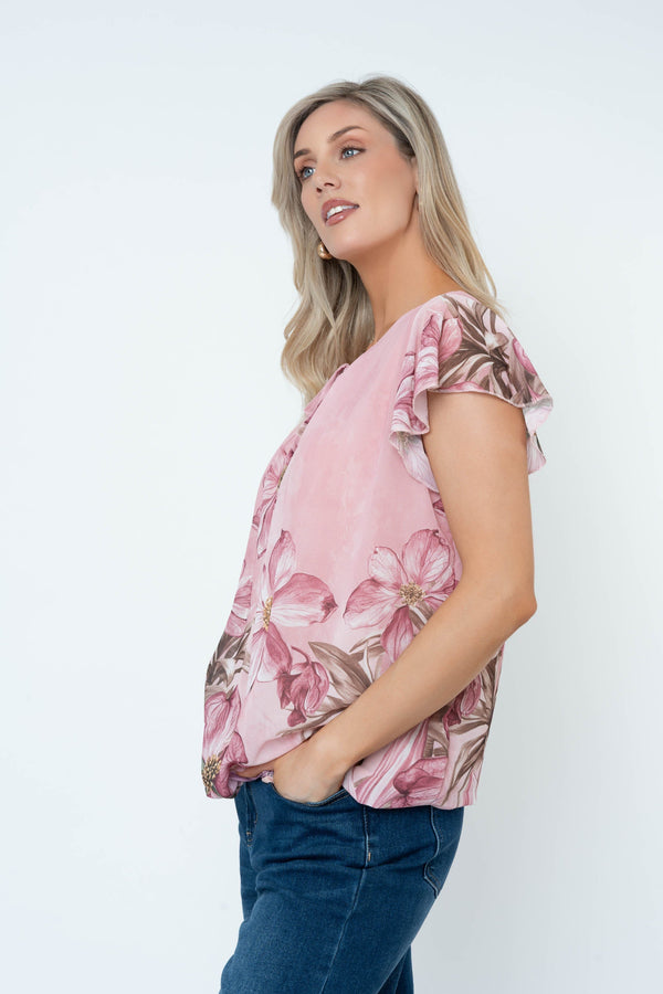 Carraig Donn Pink Floral Print Short Sleeve Blouse With Tie Neck